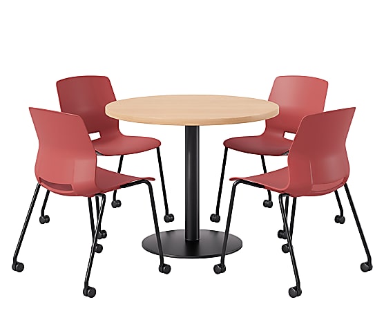 KFI Studios Proof Cafe Round Pedestal Table With Imme Caster Chairs, Includes 4 Chairs, 29”H x 36”W x 36”D, Maple Top/Black Base/Coral Chairs