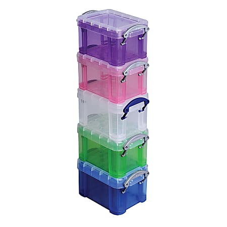 Really Useful Box® Plastic Storage Container With Built-In Handles And Snap Lids, 0.14 Liter, 2 1/4" x 1 3/4" x 1 1/2", Assorted Colors, Case Of 5