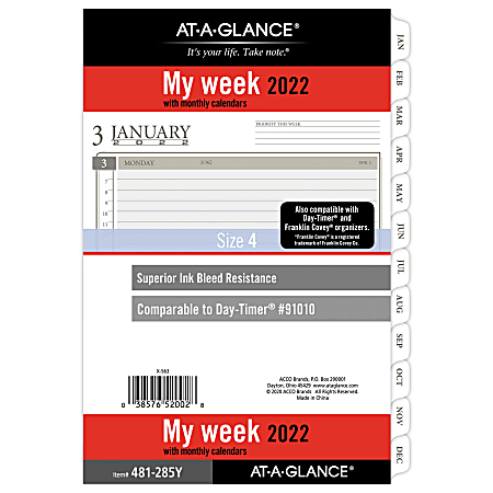 Loose Leaf Size 4 5-1/2 x 8-1/2 AT-A-GLANCE Day Runner Weekly/Monthly Planner Refill December 2018 481-285Y January 2018 
