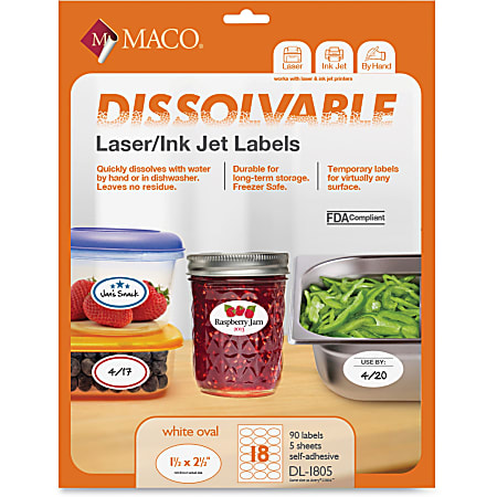 MACO® Dissolvable Oval Labels, MACMDL1805, 1 1/2"W x 2 1/2"L, Oval, Laser/Inkjet, White, 18  Per Sheet, Box Of 90