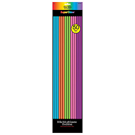 Amscan Super Glow Glow Sticks, 22", Assorted Colors, Pack Of 50 Glow Sticks And Connectors