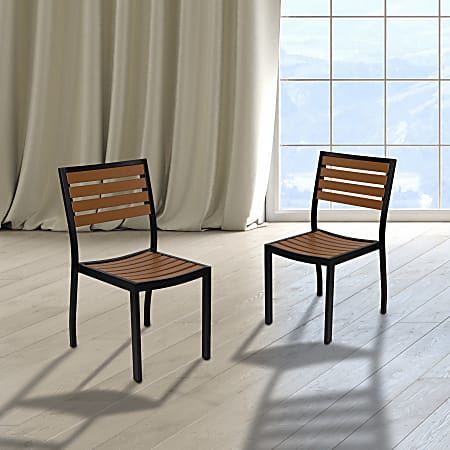 Flash Furniture Lark Outdoor Faux Teak Poly Slat Armless Side Chairs, Teak/Black, Set Of 2 Chairs