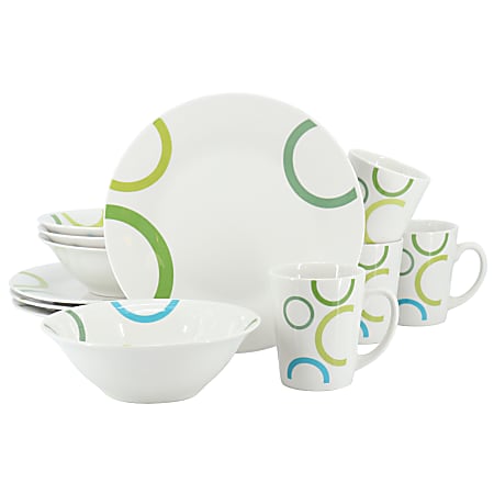 Gibson Home Green Loops 12-Piece Round Fine Ceramic Dinnerware Set, White