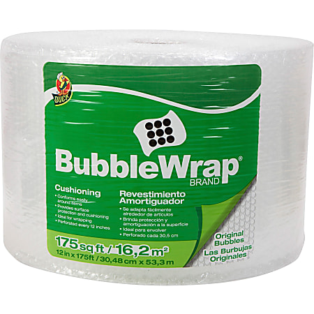 Duck Brand Bubblewrap Protective Packaging - 12" Width x 175 ft Length - 0.2" Bubble Size - Reusable, Lightweight, Water Resistant, Perforated - Nylon - Clear