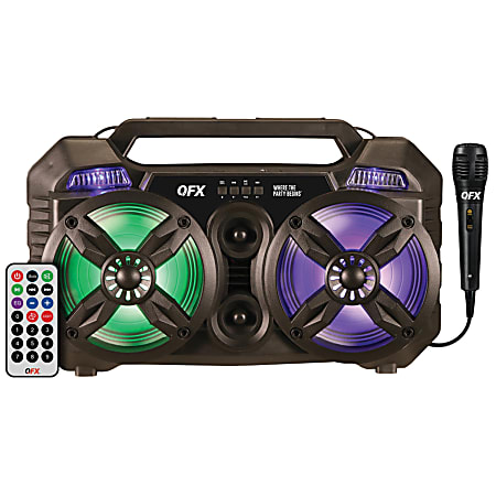 QFX Bluetooth PBX-262 USB/SD Card/FM Radio Boom Box With Microphone and Remote, 6.61”H x 17.17”W x 10.55”D, Black