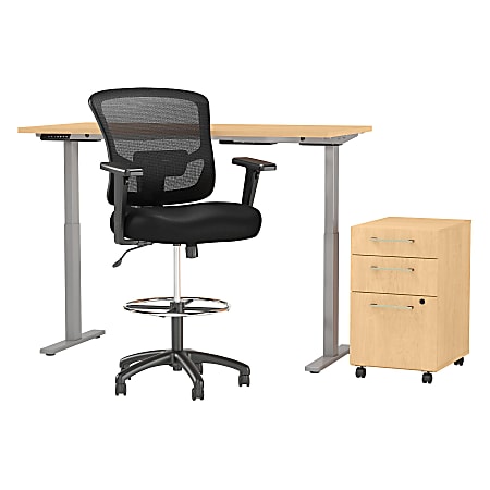 Move 60 Series by Bush Business Furniture 60"W Height Adjustable Standing Desk With Storage And Drafting Chair, Natural Maple, Premium Installation