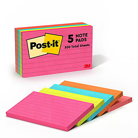Post-it Notes, 3 in x 5 in, 5 Pads, 100 Sheets/Pad, Clean Removal, Poptimistic Collection, Lined