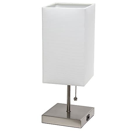 Simple Designs Petite Stick Lamp With USB Charging Port, 14-1/4”H, Brushed Nickel Base/White Shade