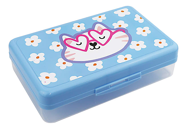 Office Depot® Brand Plastic Pencil Box, 2-1/4"H x 8-11/16"W x 5-1/8"D, Clear/Blue, Cat, Total Quantity 1