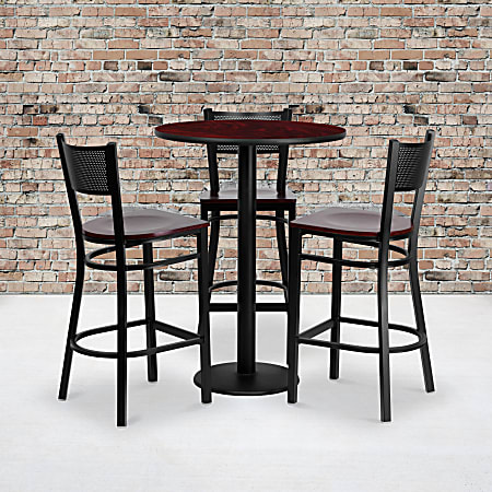 Flash Furniture Round Laminate Table Set With 3 Grid-Back Metal Barstools, 42"H x 30"W x 30"D, Mahogany