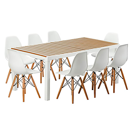 Inval Madeira 9-Piece Indoor/Outdoor Rectangular Table Set, 29-1/8”H x 35-7/16”W x 71”D, White/Teak Brown