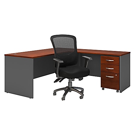 Bush Business Furniture Components 72"W L-Shaped Desk With Mobile File Cabinet And High-Back Multifunction Office Chair, Hansen Cherry/Graphite Gray, Premium Installation