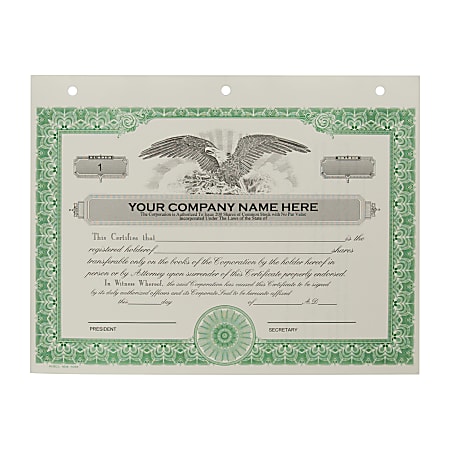 Custom Corporate Stock Certificates 3 Hole Punched Green Pack Of 20