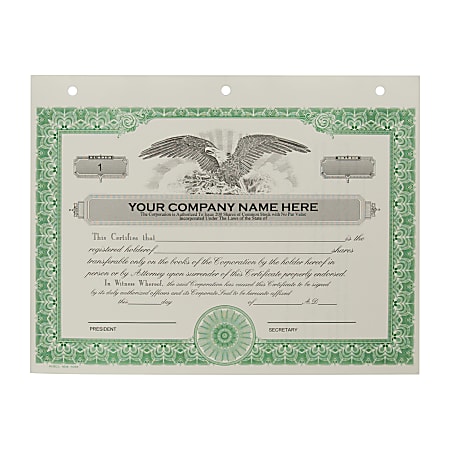 Custom Corporate Stock Certificates, 3-Hole Punched, Green, Pack Of 20 Certificates