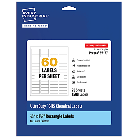 Avery® Ultra Duty® Permanent GHS Chemical Labels, 97177-WMU25, Rectangle, 2/3" x 1-3/4", White, Pack Of 1,500