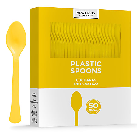 Amscan 8018 Solid Heavyweight Plastic Spoons, Yellow Sunshine, 50 Spoons Per Pack, Case Of 3 Packs