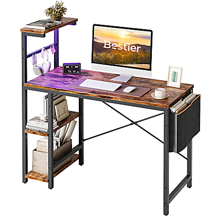 Bestier 45"W Computer Desk With LED Lights And 4-Tier Shelves, Rustic Brown
