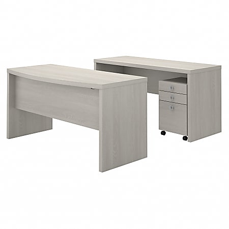 Bush Business Furniture Echo 60"W Bow-Front Computer Desk And Credenza With Mobile File Cabinet, Gray Sand, Standard Delivery