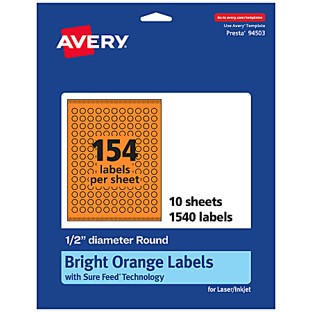 Avery® Print-To-The-Edge Labels With Sure Feed® Technology And Easy Peel® Label Feature, 94503-BOP10, Round, 1/2", Matte Bright Orange, Pack of 1540