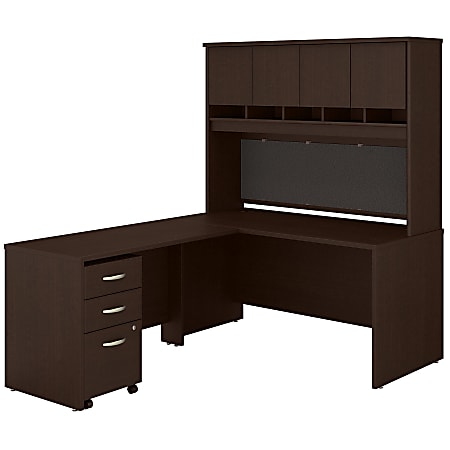 Bush Business Furniture 60"W L-Shaped Corner Desk With Hutch And Mobile File Cabinet, Mocha Cherry, Premium Installation