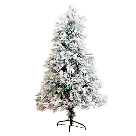 Nearly Natural Flocked Pine 60”H Artificial Fiber Optic Christmas Tree With Pinecones, Berries And LED Lights, 60”H x 36”W x 36”D, Green