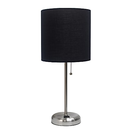 Creekwood Home Oslo Power Outlet Metal Table Lamp, 19-1/2"H, Black Shade/Brushed Steel Base