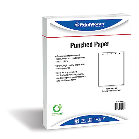PrintWorks Professional 5-Hole Top Pre-Punched Paper for Fastener File Folders, Binders, Clipboards - Letter - 8 1/2" x 11" - 20 lb Basis Weight - 5-holes punched - Pre-punched - 500 / Ream - White