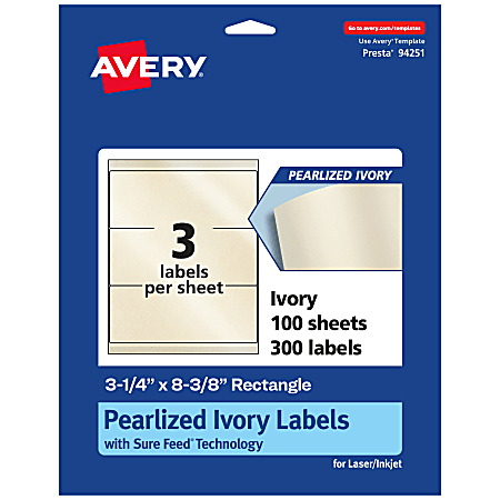 Avery® Pearlized Permanent Labels With Sure Feed®, 94251-PIP100, Rectangle, 3-1/4" x 8-3/8", Ivory, Pack Of 300 Labels