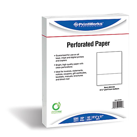 PrintWorks Professional Pre-Perforated Paper, 1 Ream, White, Letter (8 1/2" x 11"), 20 Lb, 3-2/3, Ream Of 500 Sheets