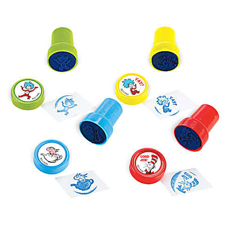 Amscan Dr. Seuss The Cat In The Hat Stamp Party Favors, 1-1/2" x 1", Multicolor, 6 Favors Per Pack, Set Of 5 Packs