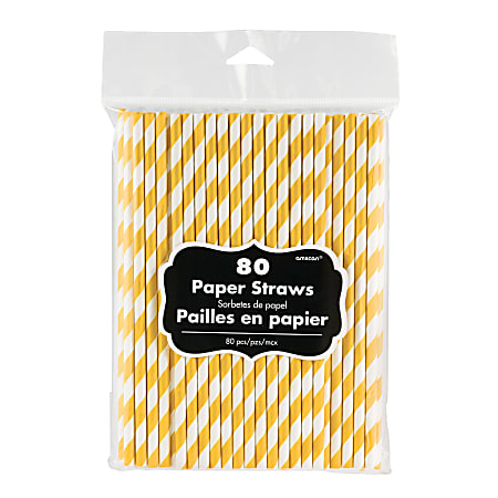 Amscan Striped Paper Straws, 7-3/4", Yellow Sunshine, Pack Of 80 Straws