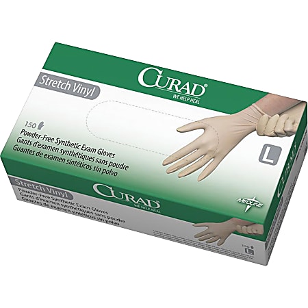 Medline Powder-free Stretch Vinyl Exam Gloves - Large Size - Vinyl - Cream - Stretchable, Powder-free, Latex-free, Non-sterile, Beaded Cuff - For Multipurpose - 150 / Box