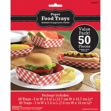 Amscan Summer Picnic Paper Food Trays, Gingham Red, Pack Of 50 Trays