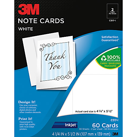 3M™ Note Cards, 4 1/4" x 5 1/2", White, Pack Of 60