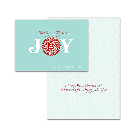 Custom Embellished Holiday Cards And Foil Envelopes, 7-1/4" x 5-1/8", Joy!, Box Of 25 Cards