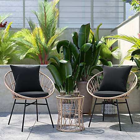 Flash Furniture Devon 3-Piece Indoor/Outdoor Bistro Papasan Chair Set With Glass Side Table, Tan/Black