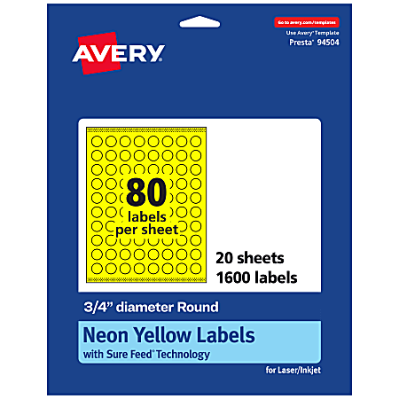Avery® Print-To-The-Edge Labels With Sure Feed® Technology, 94504-NYP20, Round, 3/4", Matte Neon Yellow, Pack of 1600