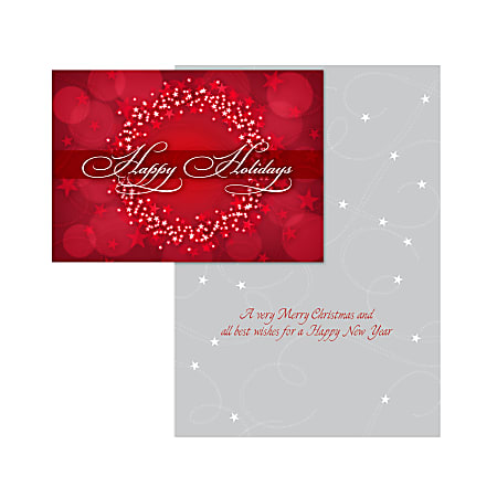 Custom Embellished Holiday Cards And Foil Envelopes, 7-1/4" x 5-1/8", Red Starry Wreath, Box Of 25 Cards