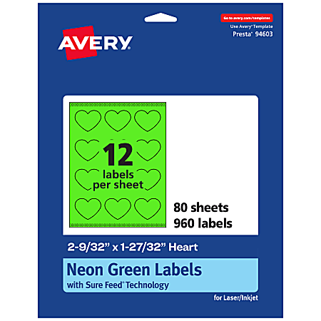 Avery® Print-To-The-Edge Labels With Sure Feed® Technology, 94603-NGP80, Heart, 2-9/32" x 1-27/32", Matte Neon Green, Pack of 960