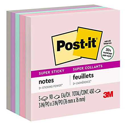 Post-it® Recycled Super Sticky Notes, 3 in x 3 in, 5 Pads, 90 Sheets/Pad, 2x the Sticking Power, Wanderlust Pastels Collection, 30% Recycled