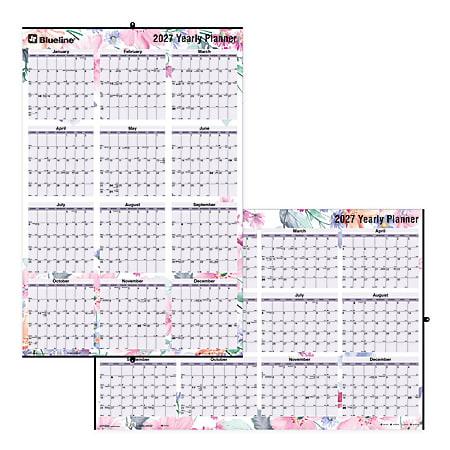 2027 Blueline Colorful Laminated, Reversible And Erasable Yearly Wall Planner, 24" x 36", 100% Recycled, Passion, January To December, Total Qty 1