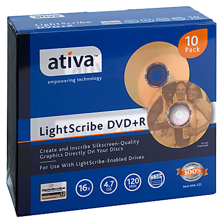 Ativa® LightScribe™ DVD+R Recordable Media With Slim Jewel Cases, 4.7GB/120 Minutes, Pack Of 10