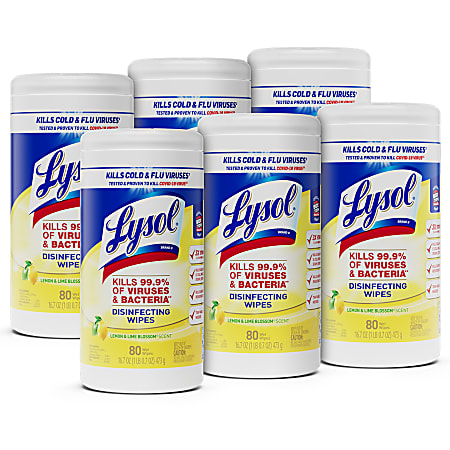 Lysol® Disinfecting Wipes, Lemon & Lime Blossom Scent, 80 Sheets Per Tub, Box Of 6