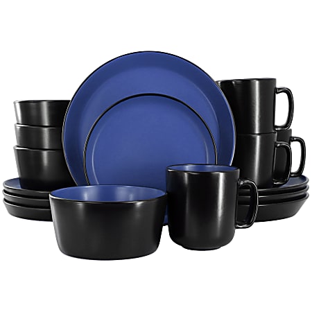 Elama Bacarra Stoneware Dinnerware Set, Black/Blue, Set Of 16 Pieces