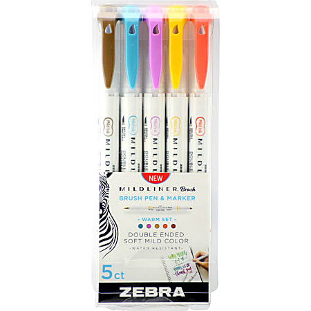 Zebra® Pen MILDLINER™ Double-Ended Creative Markers, Pack Of 5, Fine/Brush Point, Assorted Bright Colors