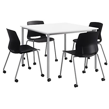 KFI Studios Dailey Square Dining Set With Caster Chairs, White/Silver/Black