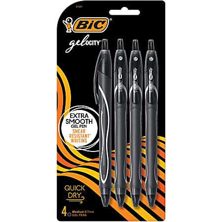 BIC® Gel-ocity Quick-Dry Retractable Gel Pens, Medium Point, 0.7 mm, Black Barrel, Black Ink, Pack Of 4 Pens