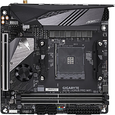 Aorus Ultra Durable X570 I AORUS PRO WIFI Desktop Motherboard - AMD Chipset - Socket AM4 - Mini ITX - 64 GB DDR4 SDRAM Maximum RAM - DIMM, UDIMM - 2 x Memory Slots - Gigabit Ethernet - IEEE 802.11 a/b/g/n/ac/ax - HDMI - DisplayPort - 4 x SATA Interfaces
