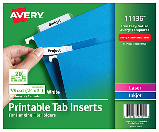 Avery® Printable Tab Inserts For Hanging File Folders, 1/5 Cut For 2" Tabs, White, Box Of 100