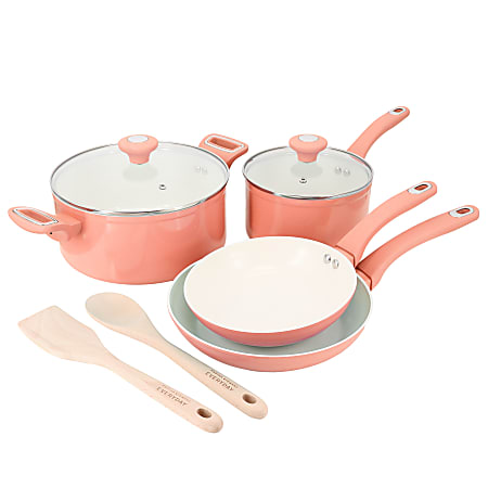 Martha Stewart Everyday Rexford 8-Piece Nonstick Ceramic Aluminum Cookware Set, Coral